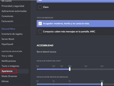 ajustes de apariencia