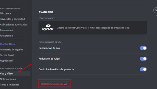 reestablecer ajustes de voz en discord